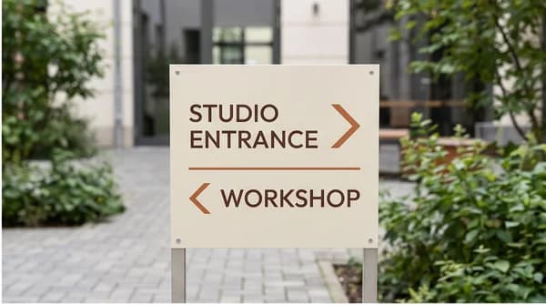 A printed metal directional sign with simple arrows in a business courtyard.