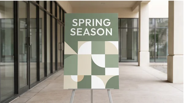 A green and white printed metal display board in a covered commercial entryway.