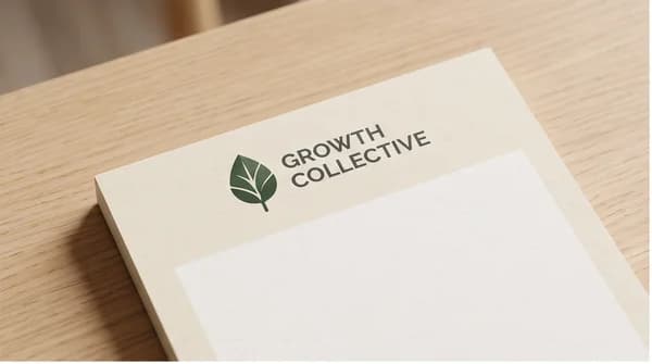 A notepad with a fictional business logo and a wide blank writing area.