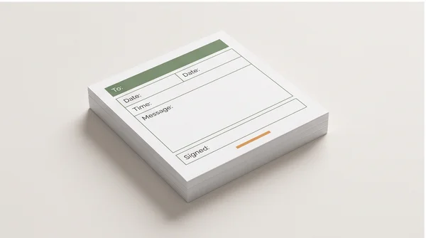 A printed business-message notepad with simple contact and message fields.