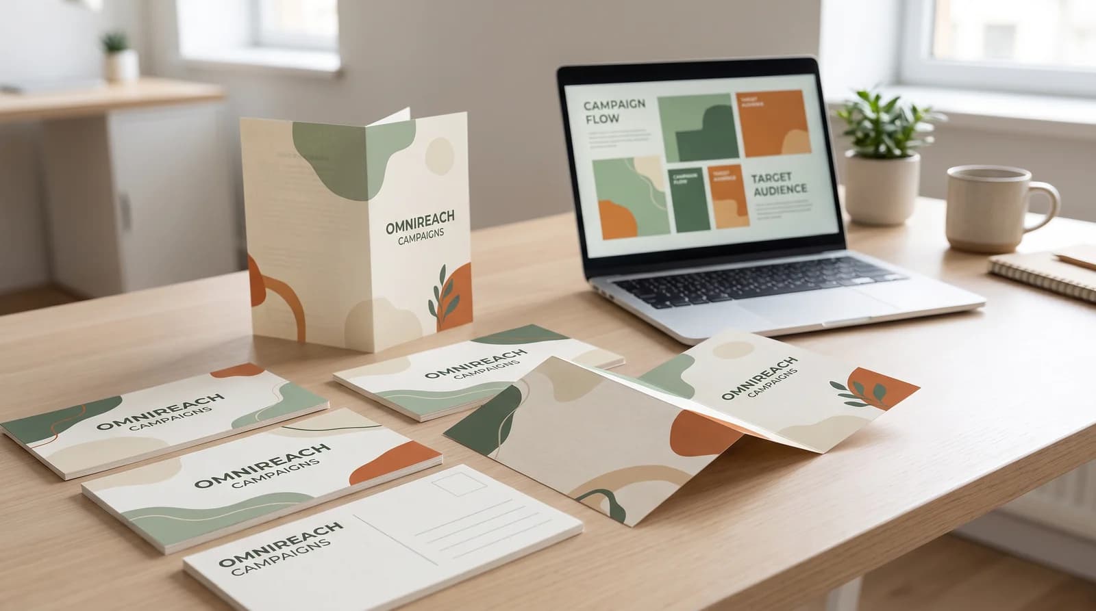 A campaign planning desk with printed postcards, a brochure and a laptop showing an abstract fictional campaign layout without numerical results.