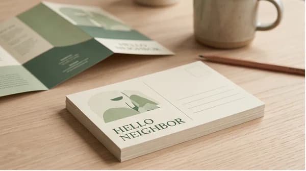 A coordinated set of campaign postcards and printed brochures on a planning desk.