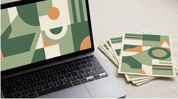 A laptop with abstract fictional campaign creative beside matching printed marketing pieces.