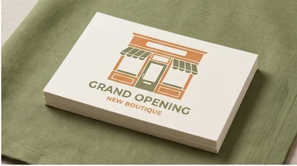 A printed business-opening announcement postcard.
