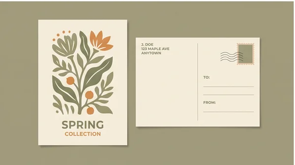 Front and back of a fictional mailed postcard with a sample address area and no real personal information.