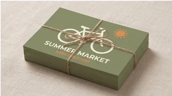 A neat stack of custom postcards with a bold green and cream design.