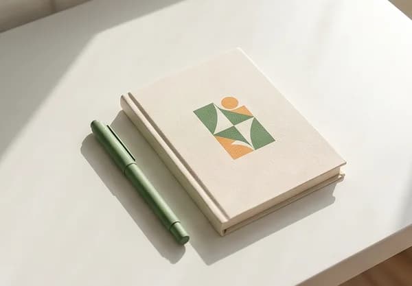 Illustrative branded pen and notebook on a desk.