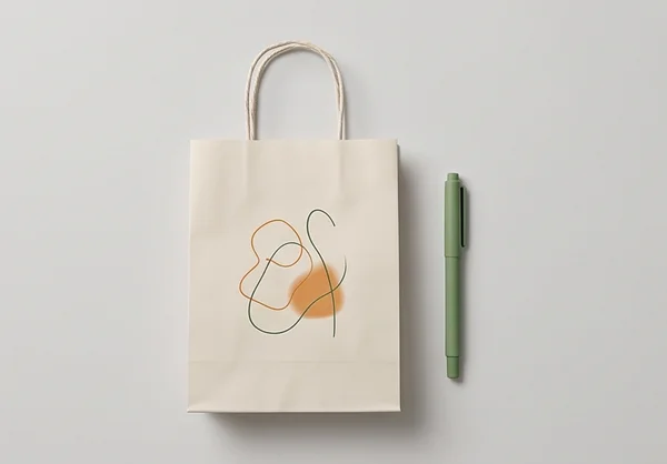 An illustrative arrangement of branded gift items with a simple paper gift bag.