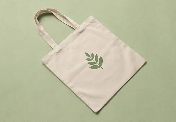 A close view of fictional custom logo artwork on an illustrative promotional tote bag.