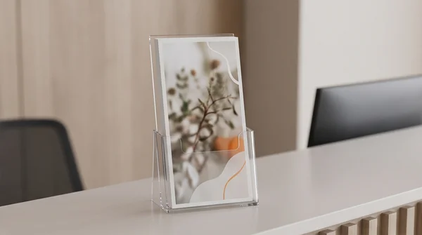 A visitor-information rack card in a reception display.