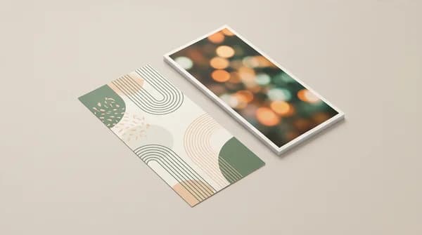 A set of custom rack cards with front and back artwork arranged in a studio.
