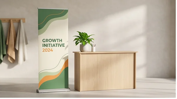 A retractable banner next to a simple trade-show reception counter.