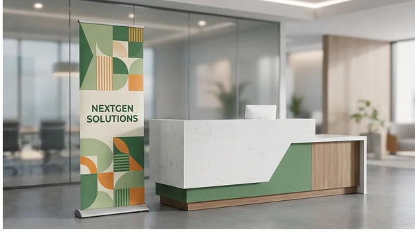 A retractable banner standing beside the reception desk of a modern office.