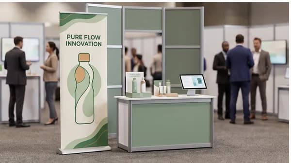 A retractable banner promoting a fictional product at an indoor business demonstration.