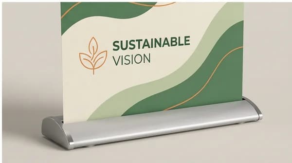 A close view of custom printed artwork on a retractable banner with its base visible.