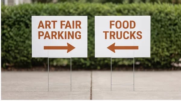 Two freestanding lawn signs with simple arrows directing guests toward a community event.