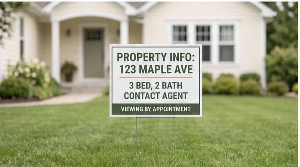 A professional property-information lawn sign in front of a tidy house.