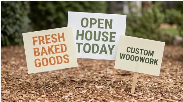A small set of yard signs with different bold custom business messages.