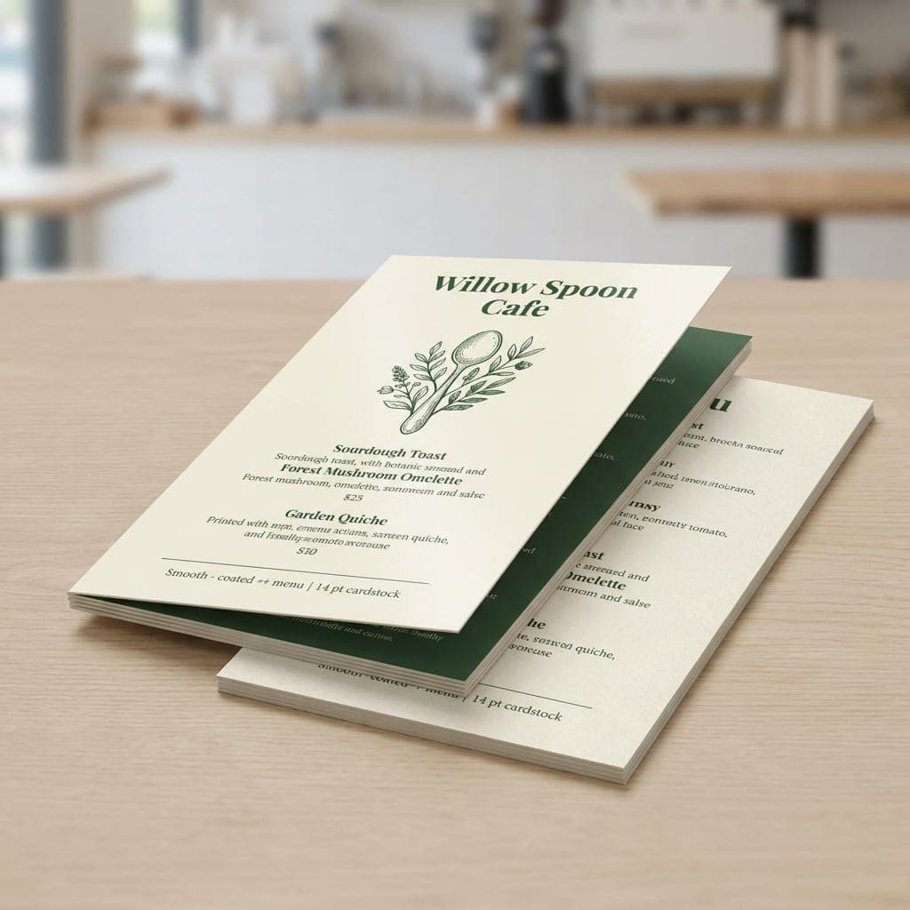 Printed samples showing 14 pt. Coated One Side paper