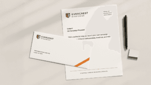 Evercrest Strategies stationery set including letterhead, envelope, and pen on neutral background.