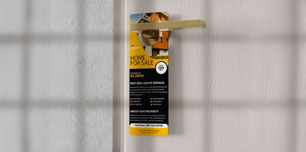 Real estate door hanger with a property listing and discount offer, hanging on a front door handle.
