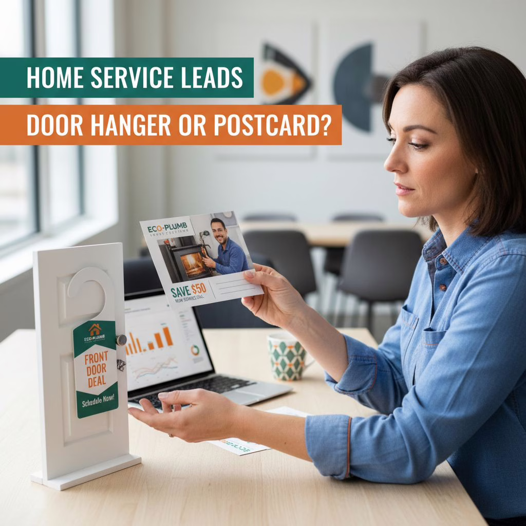 Marketing illustration: Door Hangers or Postcards: Choosing the Right Direct Mail for Boca Raton Home Services