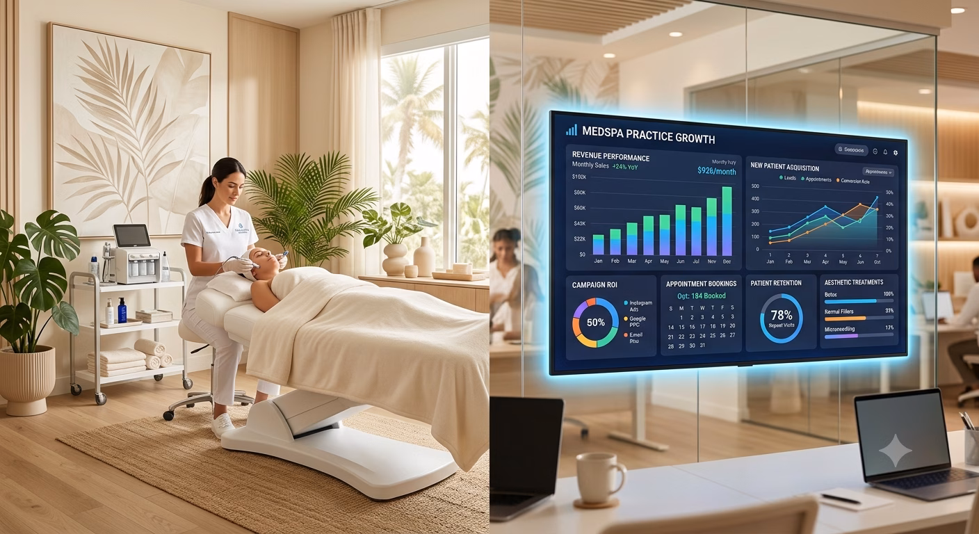 Digital marketing analytics dashboard displaying medspa patient acquisition metrics and campaign performance data for a South Florida aesthetic practice.