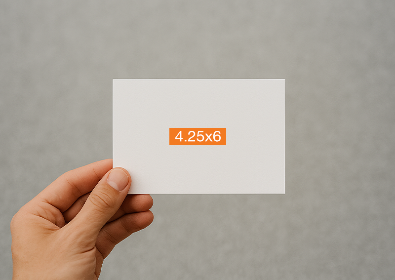 Person holding a blank 4.25 x 6 postcard, showing its actual print size for direct mail.