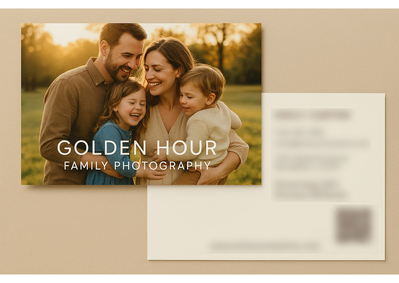 Historical direct-mail campaign artwork: Photographer Books Golden Hour Sessions with AI-Targeted Postcard Campaign