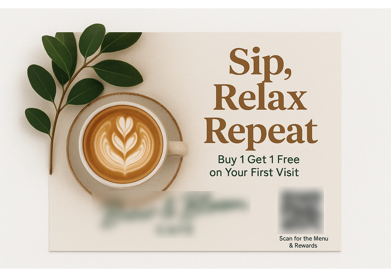 Historical direct-mail campaign artwork: Coffee Shop Launches Loyalty Growth with QR-Driven Postcard Campaign