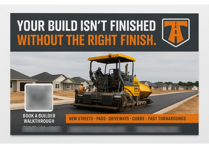 Historical direct-mail campaign artwork: Paving Company Gains 18 New Projects With Targeted “Right Finish” Postcard Campaign