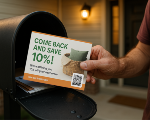Customer placing a 10% off cart recovery postcard into a mailbox with a QR code.