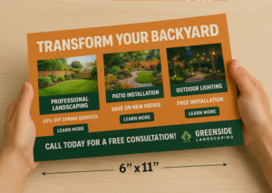 Colossal postcard design for landscaping business with vivid images of backyard services, 6 x 11 inches.