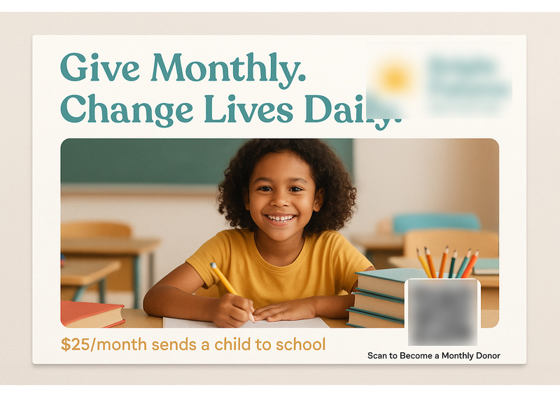 Historical direct-mail campaign artwork: Nonprofit Acquires 63 Monthly Donors With Heartfelt Postcard + OMNI QR Funnel