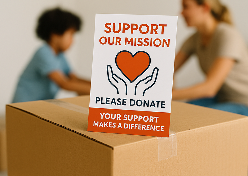 Donation appeal card beside volunteers