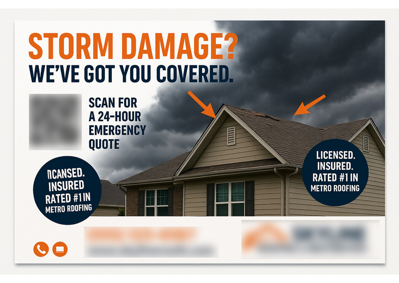 Historical direct-mail campaign artwork: Roofing Campaign Generates 63 Emergency Jobs from One Storm Event