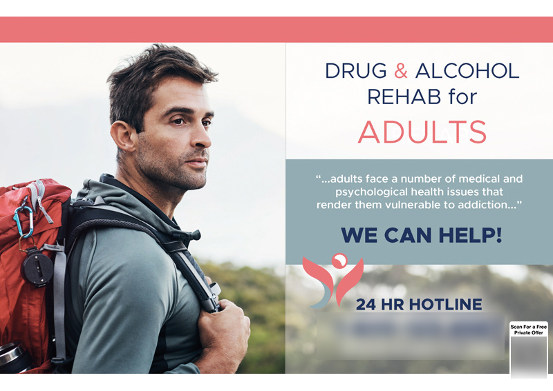 Historical direct-mail campaign artwork: Rehab Center Secures 100+ Clients with 24-Hour Hotline Campaign