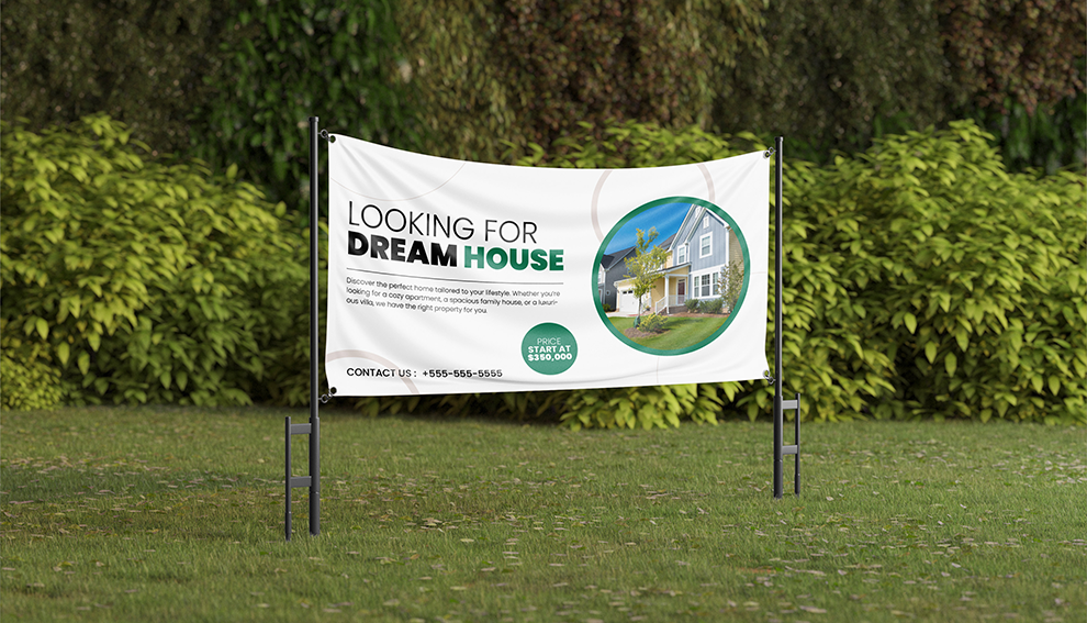 Real-estate banner displayed on a lawn