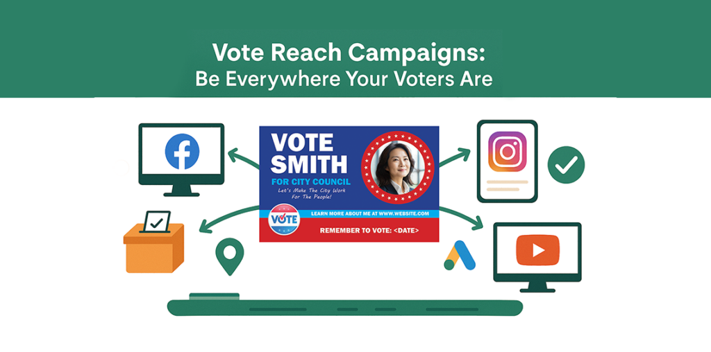 Illustration of a political campaign postcard reaching voters across Facebook, Instagram, YouTube, Google, and direct mail.