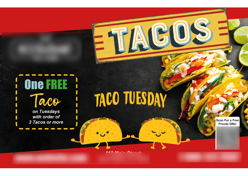 Historical direct-mail campaign artwork: Taco Joint Grows Sales with Free Taco Tuesday Offer Campaign