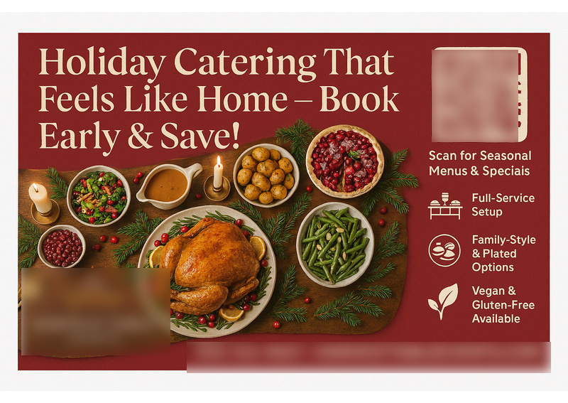 Historical direct-mail campaign artwork: Catering Company Increases Holiday Orders with Warm Postcards + OMNI REACH Ads