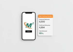 Phone screen showing MailMonitor login beside real-time delivery metrics and confirmation counts.
