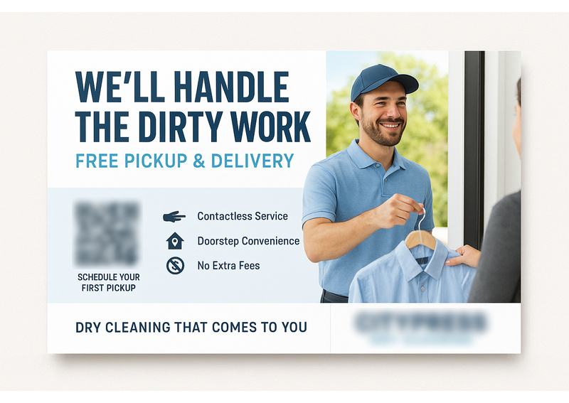 Historical direct-mail campaign artwork: Pickup Service Adds 164 New Clients with “Free Delivery” Campaign