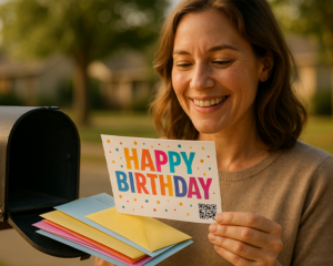 Woman smiling as she pulls a colorful birthday postcard from her mailbox.