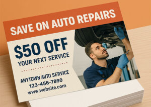 Printed auto repair postcard offering $50 off next service, sized 4.25 x 6 inches.