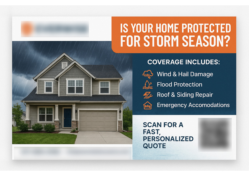 Historical direct-mail campaign artwork: Home Insurance Provider Increases Storm Coverage Sign-ups by 45% with Targeted Postcard