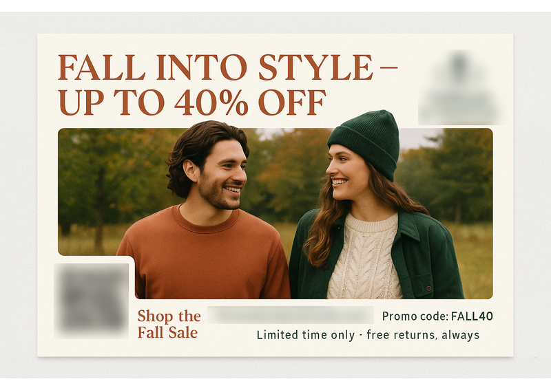 Historical direct-mail campaign artwork: Fall Sale Generates Record-Breaking Traffic and 35% Increase in Online Sales