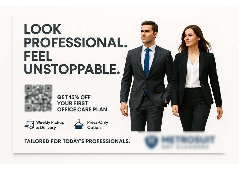 Historical direct-mail campaign artwork: MetroFit Converts 142 Clients with “Office Care Plan” Campaign