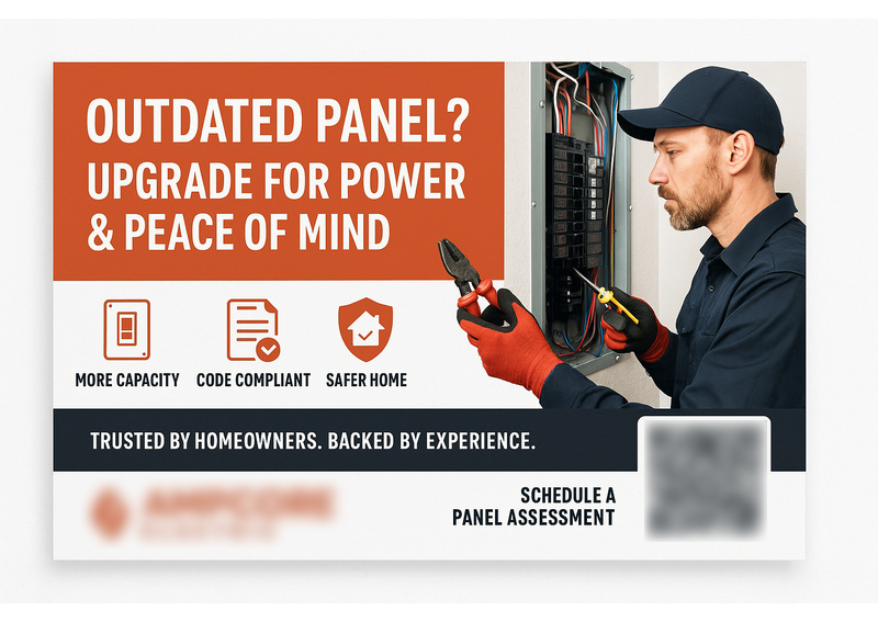 Historical direct-mail campaign artwork: AMP One Books $73K in Upgrades with “Outdated Panel” Campaign
