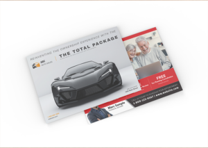 Colossal postcard featuring automotive and senior services promotions, printed in oversized 6 x 11 inch format.